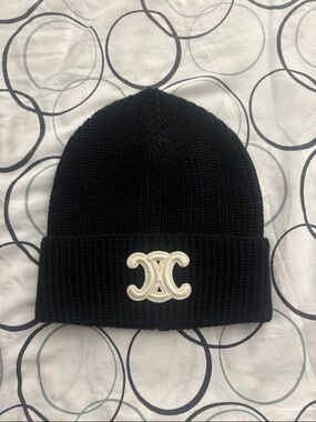 Celine Black Ribbed Beanie with Cream Interlocking Logo